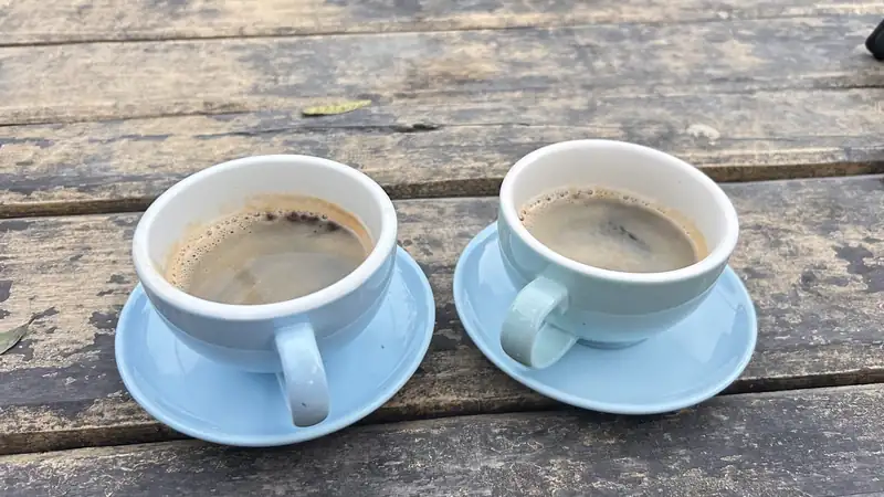 Two pale blue cups of coffee on matching saucers side by side on a weathered wooden table.