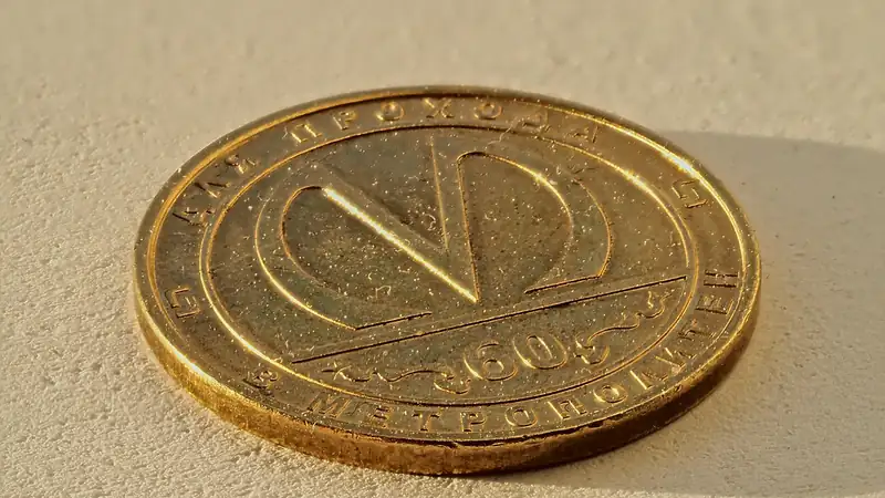 A single brass token with an embossed emblem resting on a beige surface.
